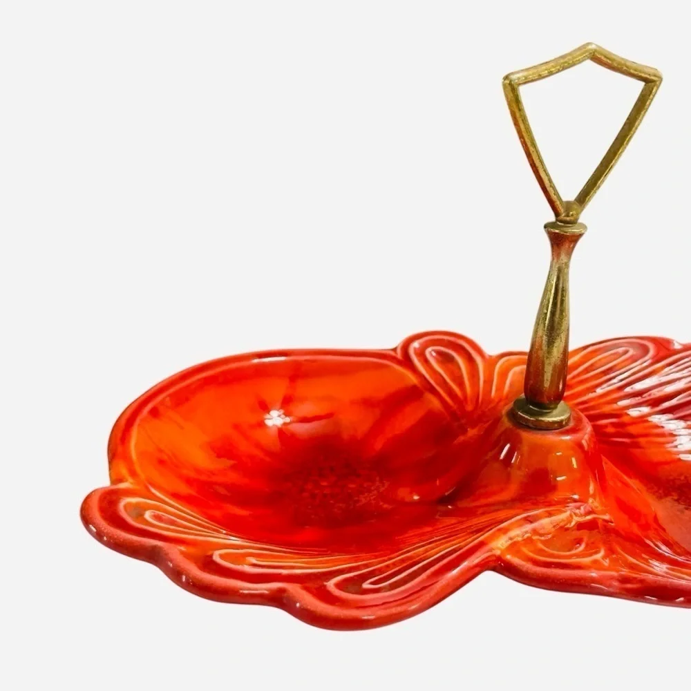 1960s Cal Style USA Orange Pottery Divided Candy Dish MCM Leaf Tidbit Tray